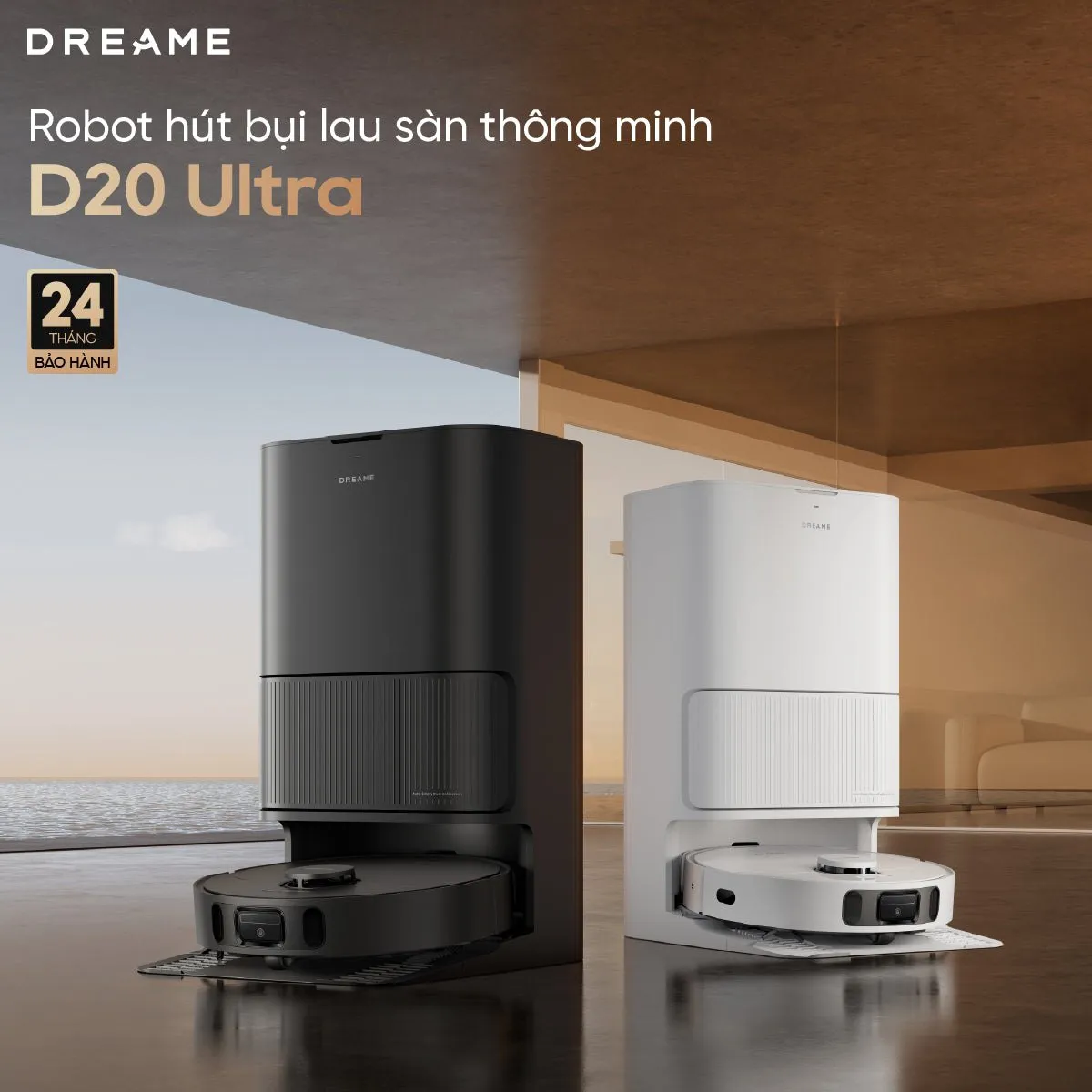 Dreame D20 Ultra bản đen và bản trắng cùng trạm sạc