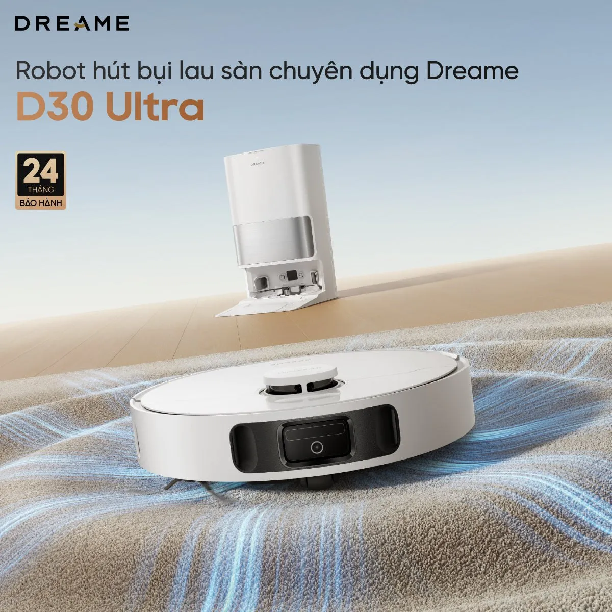 Dreame D30 Ultra và trạm sạc màu trắng