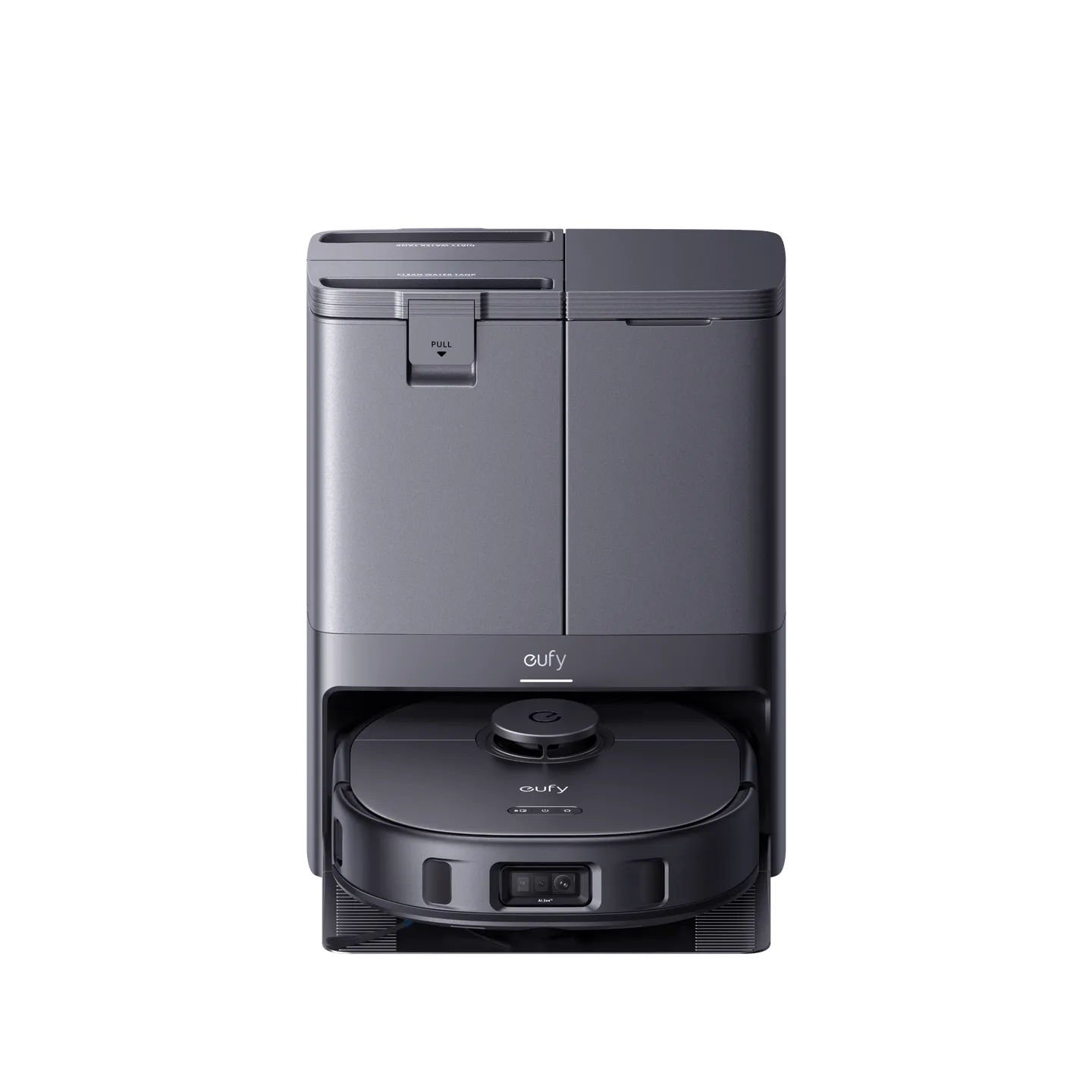 Robot eufy X10 Pro Omni màu đen nằm dưới trạm giặt giẻ và tự đổ bụi