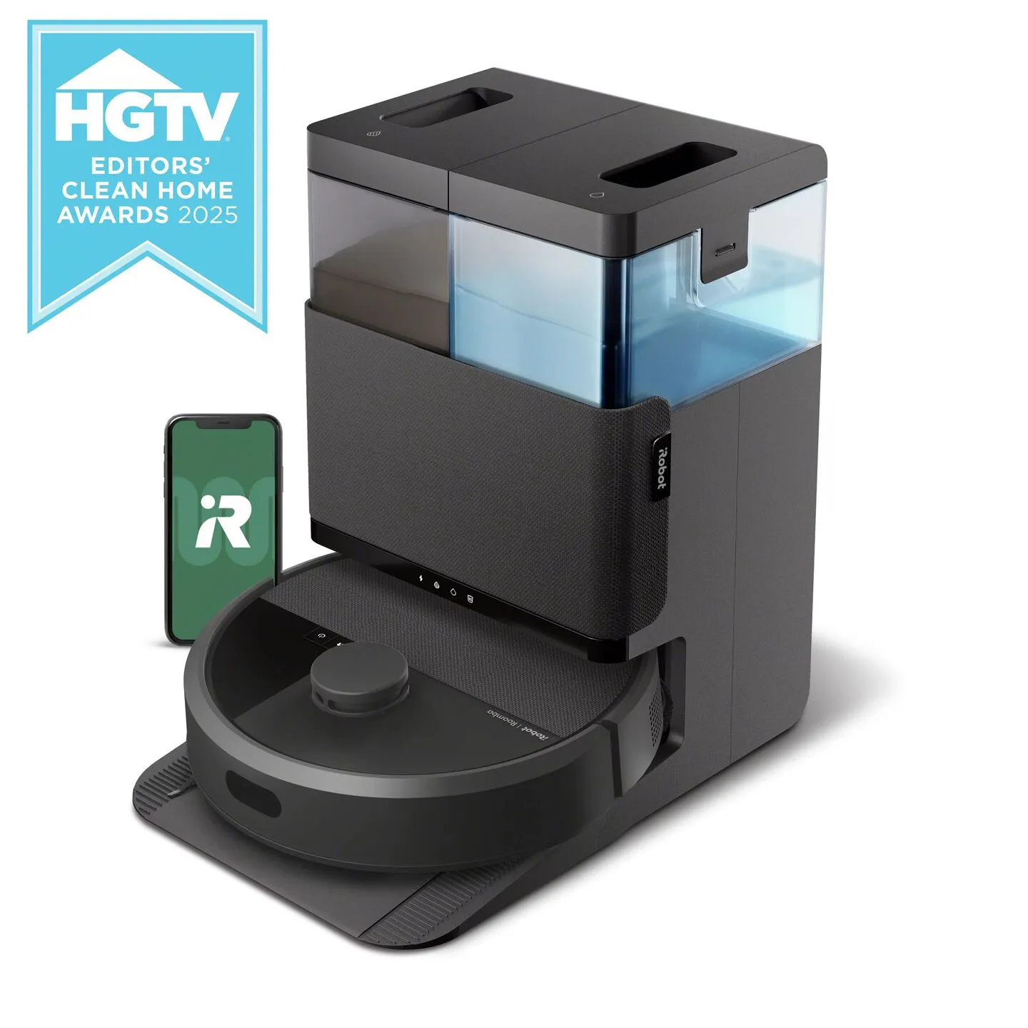 Robot Roomba Plus 405 Combo trước trạm AutoWash có bình nước và ứng dụng iRobot trên điện thoại