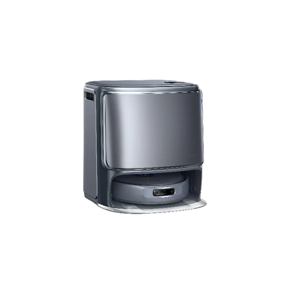 Narwal Freo Z Ultra nằm trong trạm sạc màu xám có khoang đặt robot ở phía dưới