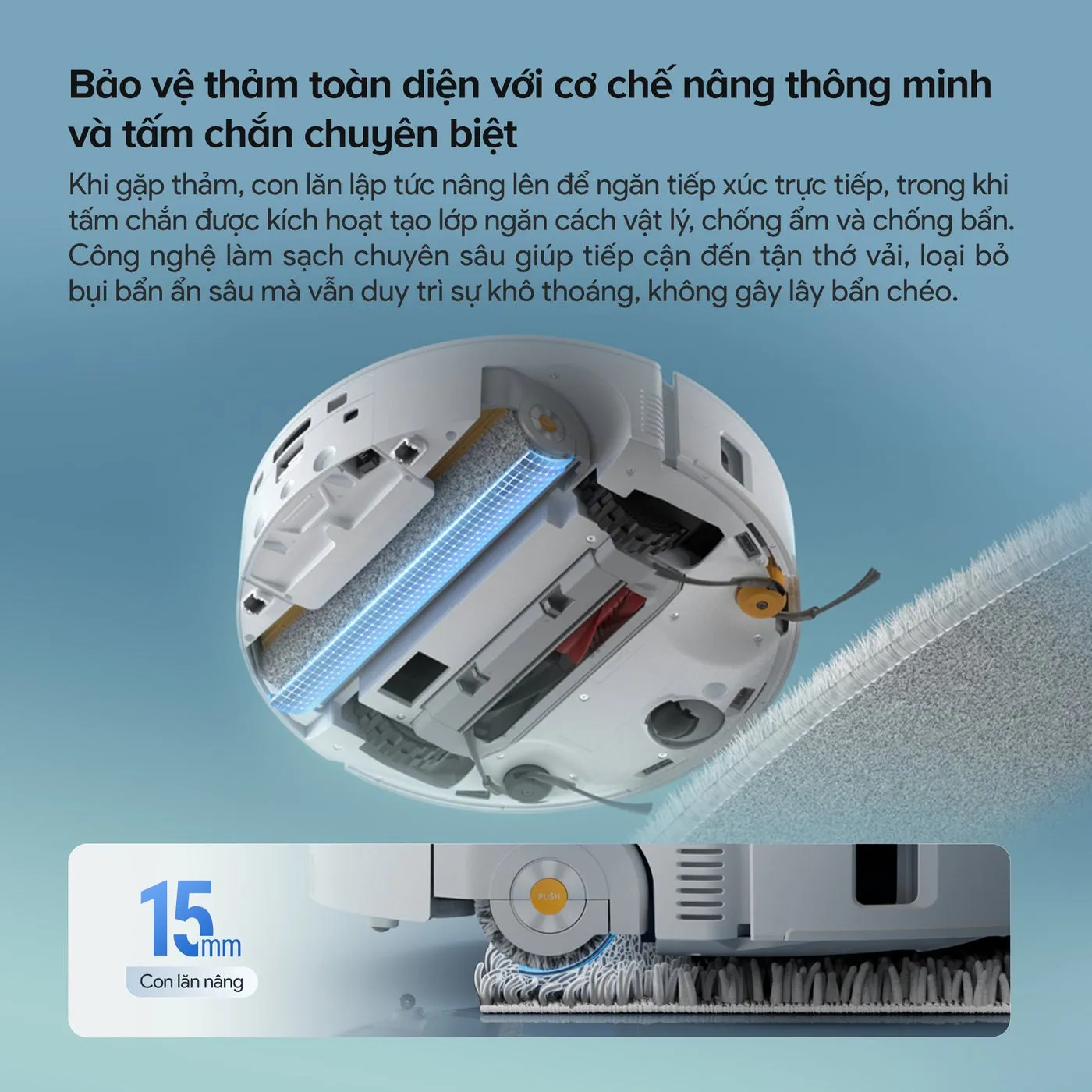 Con lăn lau của Roborock Qrevo Curv 2 Flow nâng lên khi gặp thảm